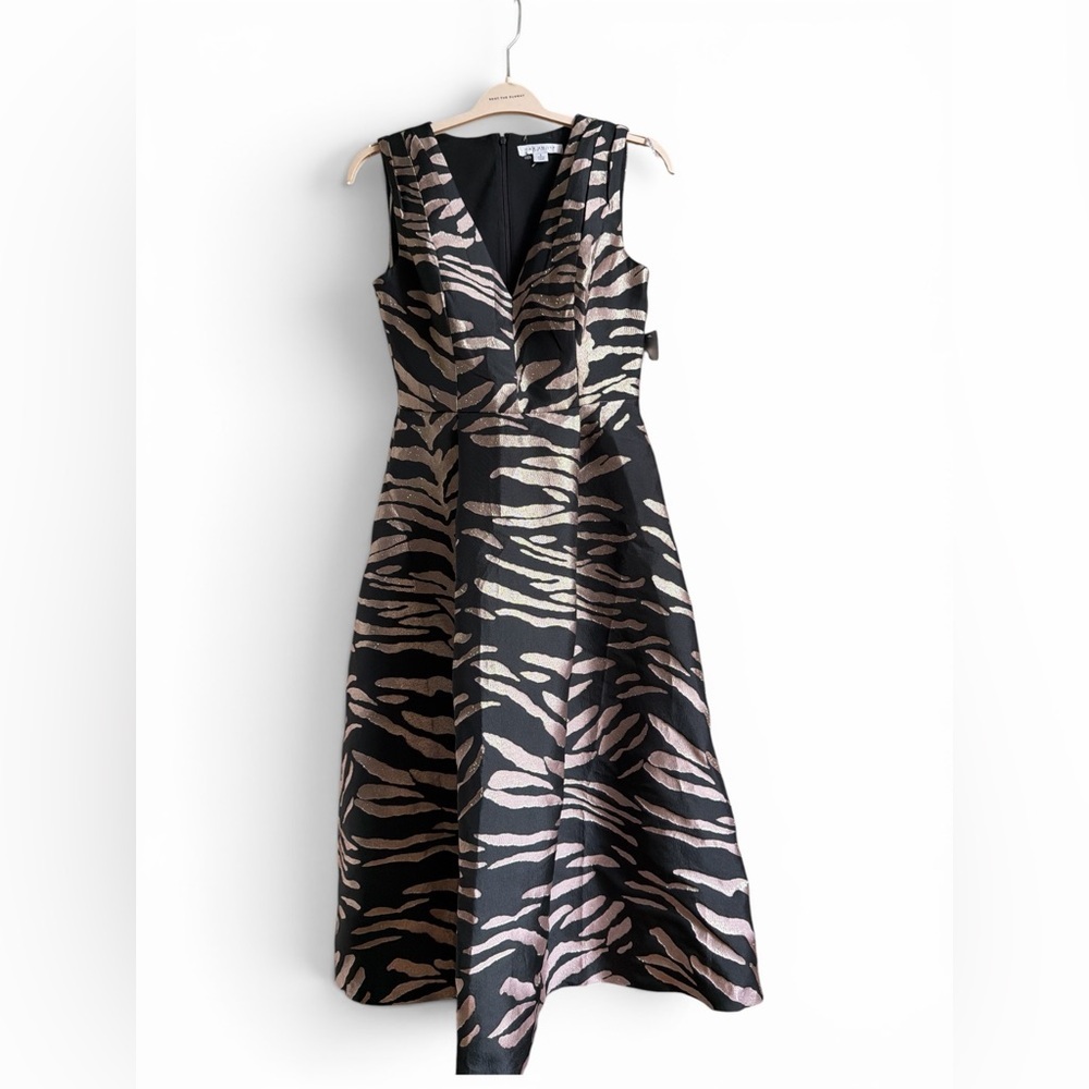 Kay Unger Black & Beige Zebra-Print V-Neck Midi Dress Cocktail Evening Gala Prom - Picture 6 of 9